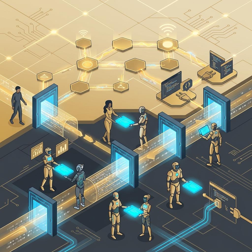 Original illustration of AI agents exchanging work across an open ecosystem