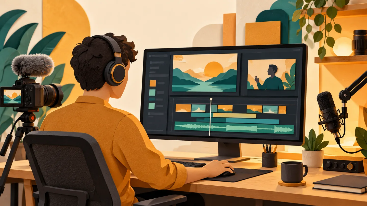 Video editing workstation with a camera, microphone and timeline