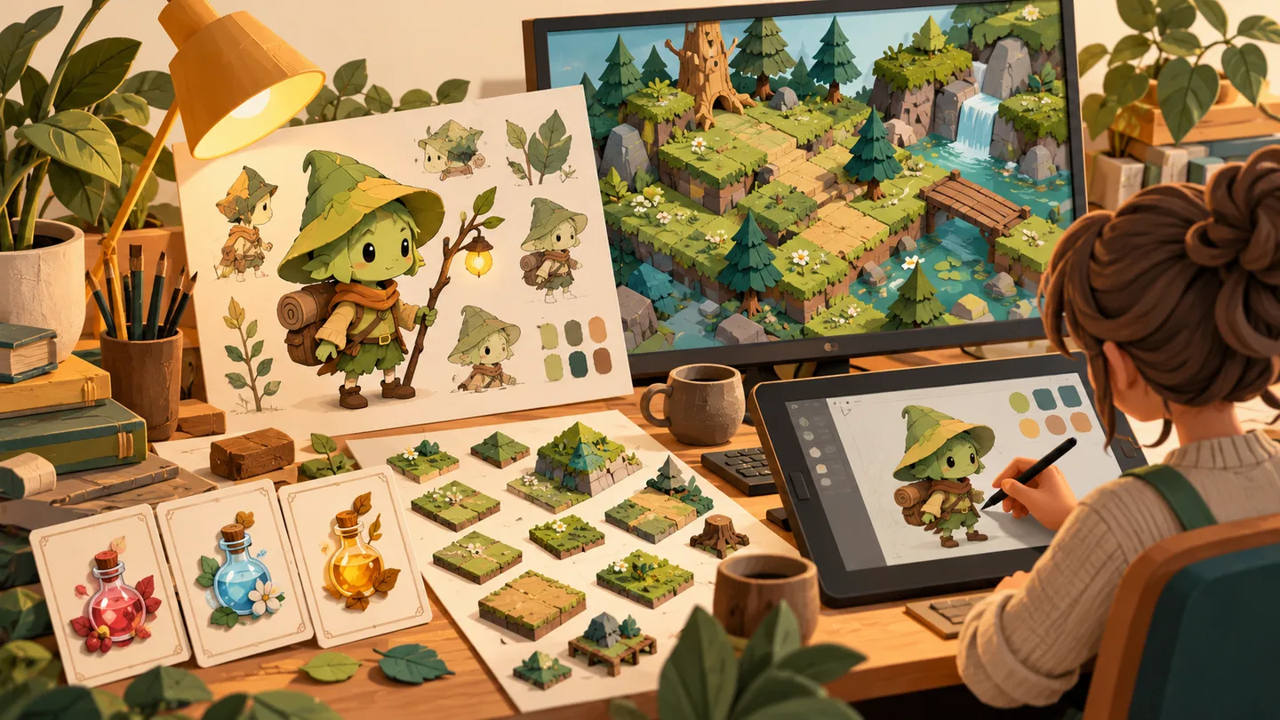 Game artist desk with an original forest character and separate asset tiles