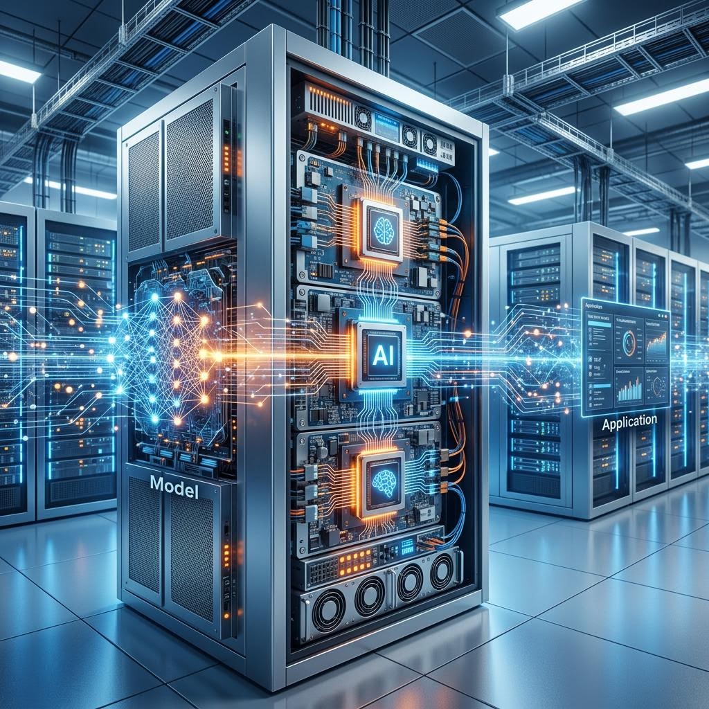 Original illustration of specialized AI inference hardware in a modern data center