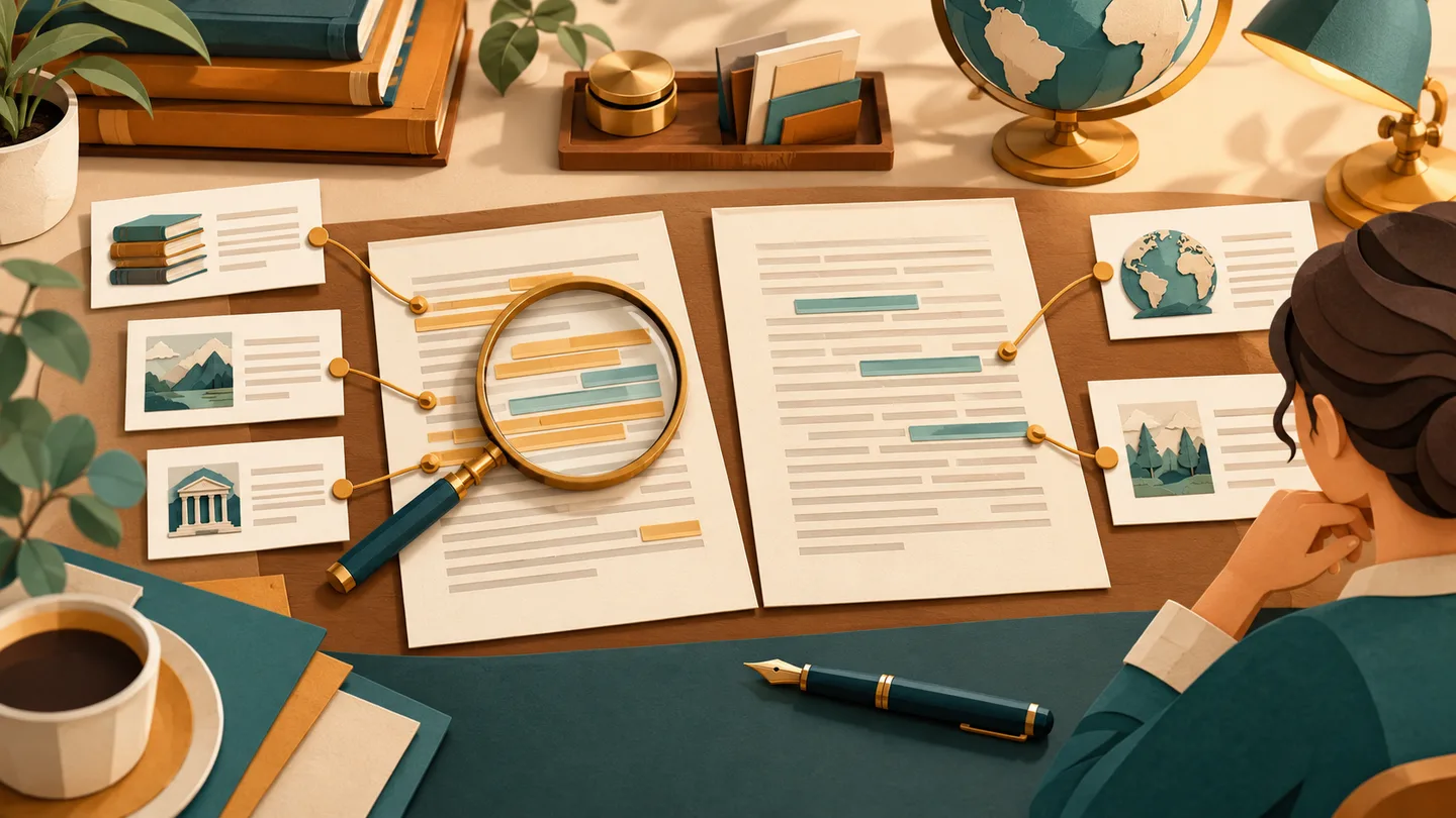 Manuscripts and source cards being compared with a magnifying glass