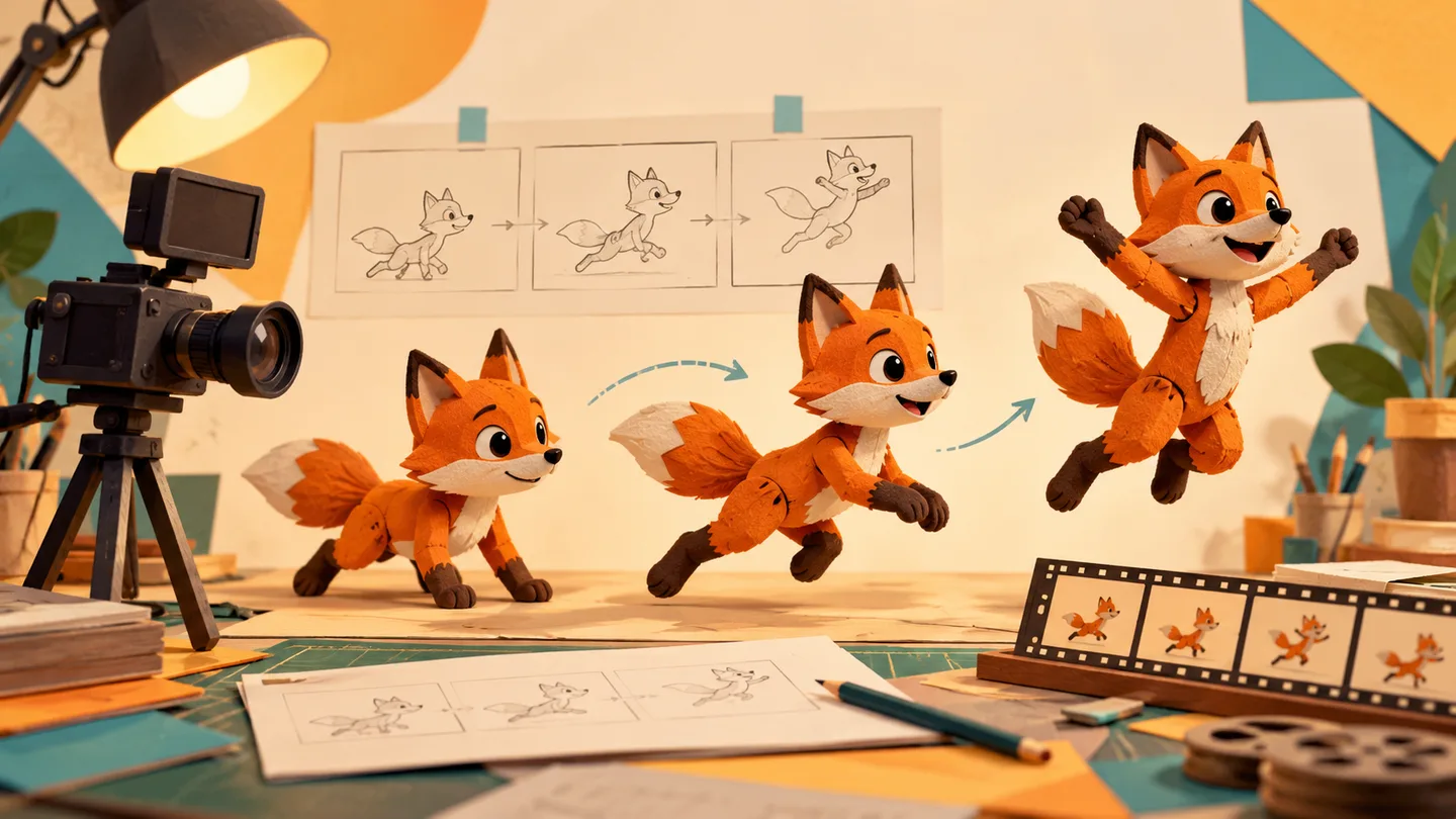 Original fox character in sequential poses beside a storyboard