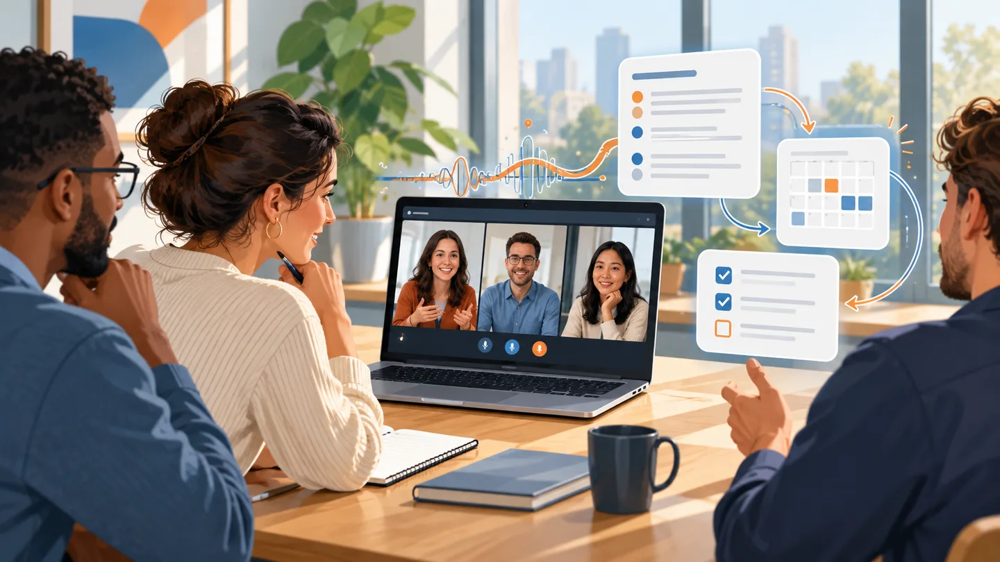 Team reviewing a client video call with notes and follow-up tasks