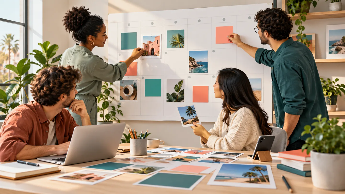 Creative team planning social media content on a calendar