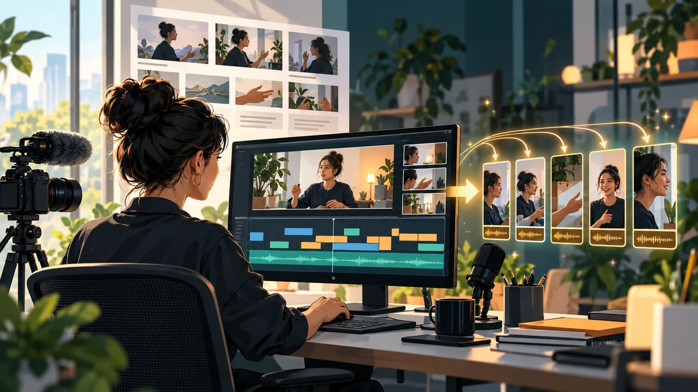 Video creator editing a recording and preparing short vertical clips