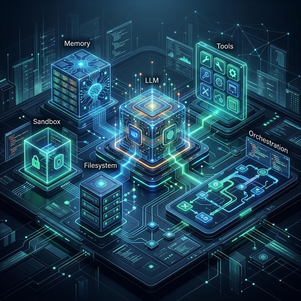 Original illustration of a modular AI agent harness with tools, memory and orchestration
