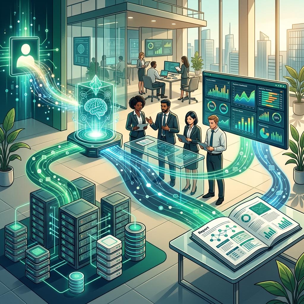 Original illustration of an enterprise AI workflow moving from a customer request to an approved report