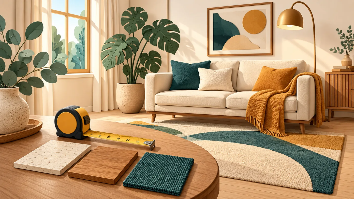 Small living room with material samples and a measuring tape