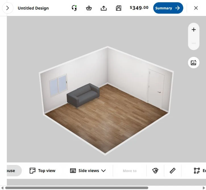Genuine IKEA Kreativ screenshot showing a KLIPPAN loveseat placed in the demo room