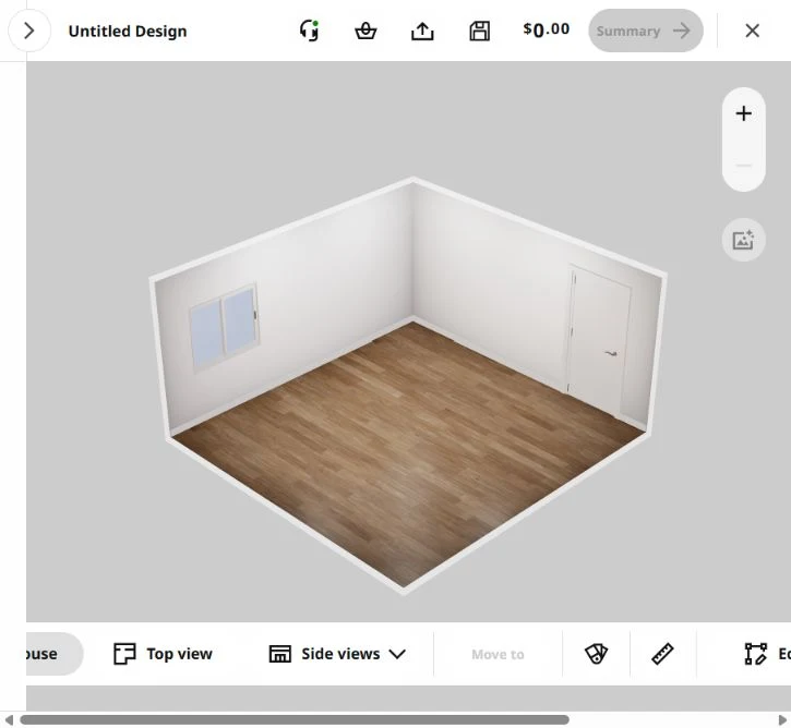 Genuine IKEA Kreativ screenshot showing the empty virtual demo room before furniture was added