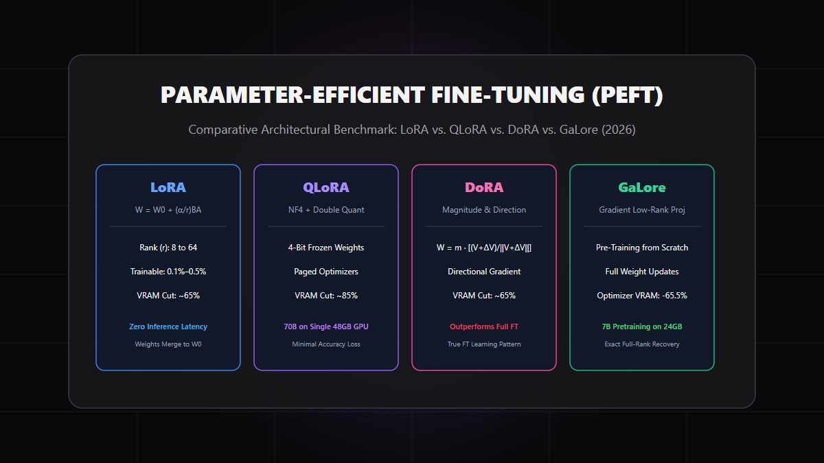 Parameter-Efficient Fine-Tuning with LoRA, QLoRA, DoRA, and GaLore