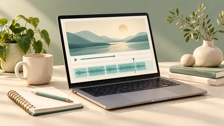 AI illustration of a laptop with an abstract video timeline beside notes