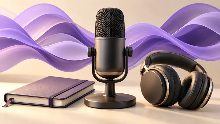 AI illustration of a microphone, headphones and flowing violet sound waves