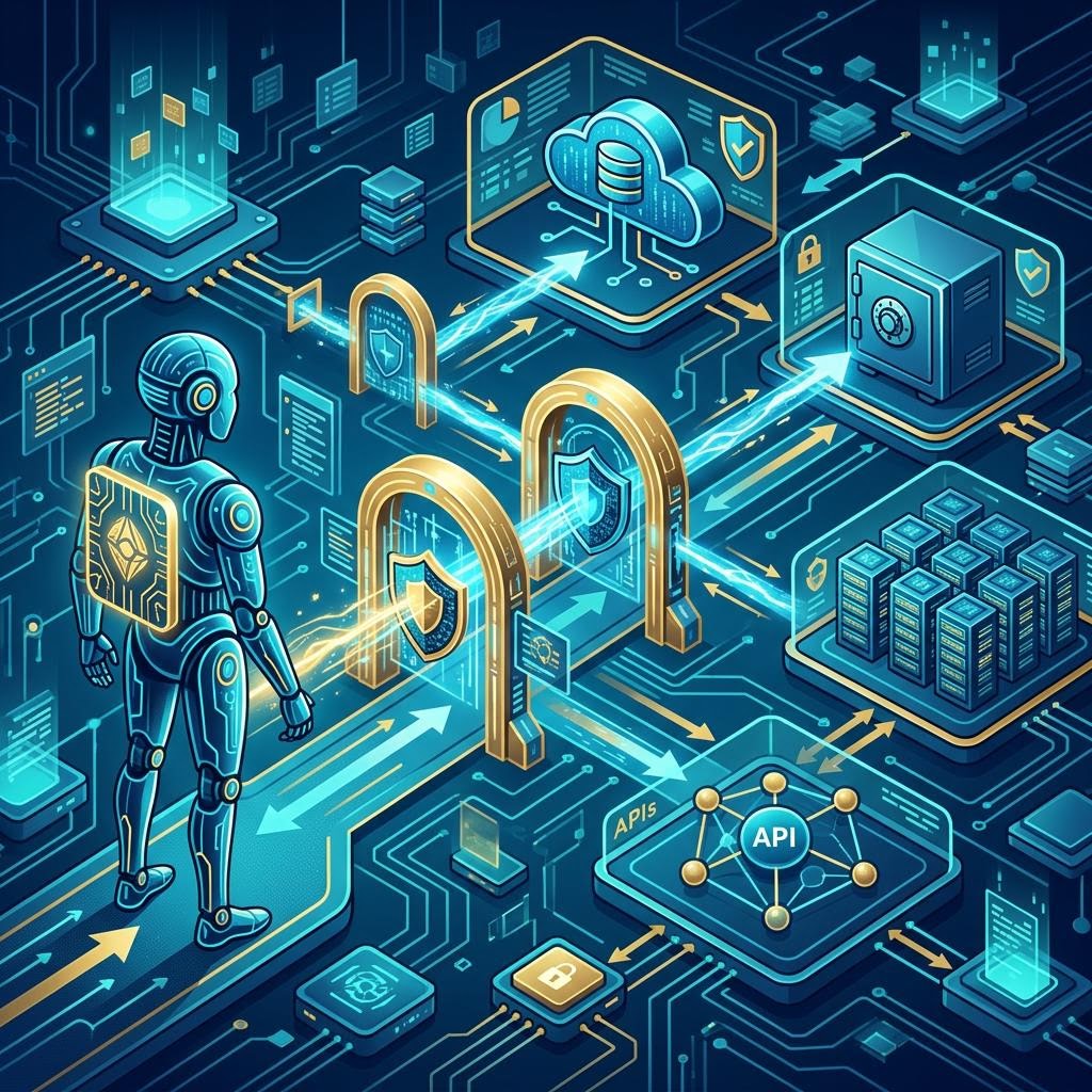 Original illustration of a governed AI agent requesting limited access through policy checkpoints